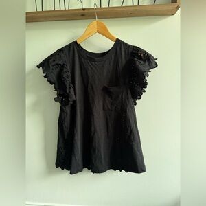 ANTHROPOLOGIE Black Eyelet Sleeve Women's Top